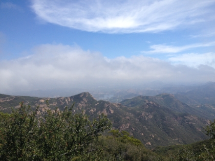Heading down the Backbone trail from Sandstone Peak. You can see Lake Malibu in the distance.