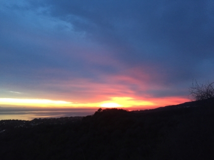 Heading back down the trail admist a purple sunset.