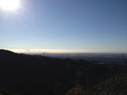 A look back at the Century City skyline with downtown LA behind it.