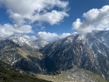 A look up Icehouse Canyon with Timber Mtn and the saddle in the distance.