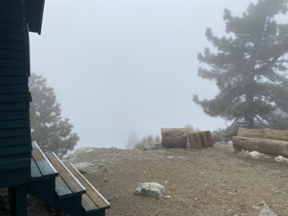 A little different view from the Ski Hut today. The snow is only patchy here, but the storm is rolling in, and visibility is getting low.