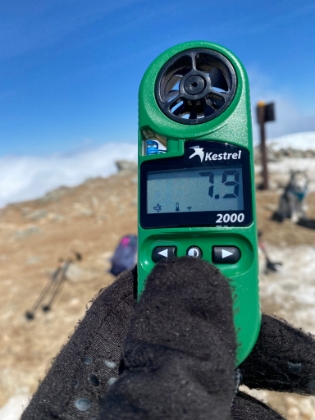 Made it. The wind is howling and it's close to as cold as I've ever been. I only have light layers on, and the Kestrel meter is reading wind gusts of 45-50mph with temps below 10 degrees F with wind chill. The reading got as low as 3 degrees, but my hands were too frozen at that point to take a picture.