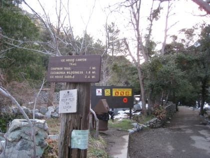 Well, I was looking to do another snowshoeing trip, but something a little bit more mellow this time around. Icehouse Canyon is evidently a popular snowshoeing spot in the Mt. Baldy area, so that sounded like a good fit. There had been about a foot of snow earlier in the week, so there should still be some good powder. But it was supposed to be really warm (expected to be in the 50s), and there were no more storms in the forecast, so I figured I better get up there before the snow ran out. Naturally the day turned out to be a little tougher than I anticipated. And to add to the challenge, I started a bit pre-fatigued from a having run a trail race the day before.   The trailhead is just a little ways up from the parking lot and then 3.6 miles to Icehouse Saddle. Elevation is almost exactly 5000', temperature is in the low 40s, the time is 7:30am, and there are just patches of snow at this point. The only snag so far has been that I don't have cell phone coverage here, so I wasn't able to send out my itinerary via txt message like I usually do. Well it should be a more mellow day anyway. Emphasis on should.