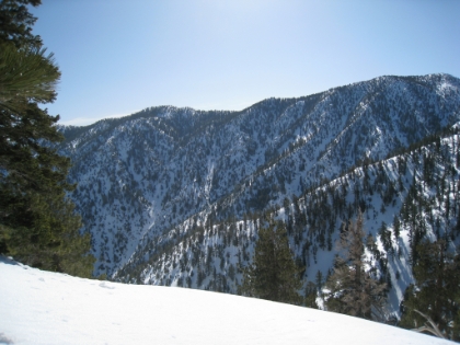 Made it to the saddle! A picture looking down over the other side. I now realize that this is the end of the popular Icehouse Canyon snowshoeing area. Things aren't so popular from here on out. But it's still early, and I still need just a little more challenge for the day...