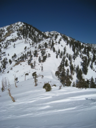 I have reached the next saddle before starting the ascent to Telegraph Peak. There is a huge lip of snow along the ridge here. I'm not sure if avalanches occur in this area, but this seems like a good spot to have one.