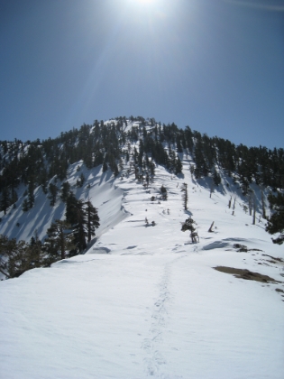 A look back up at my trail coming down from the last peak to the saddle here. I've noticed that my snowshoes don't seem to cut as deep as other tracks I see. Maybe because I weigh less than average, or I tread lightly, or just good snowshoes. It can make them harder to follow on the way back though, especially when the snow is melting quickly.