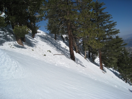 More deep powder cross-traversing. Sometimes I will climp up then down just to avoid traversing. But I'm on the top of a ridge here, so nowhere to go but across. Again, piece of cake for an accomplished mountaineer, but a nightmare for me. And I wish someone would invent a camera that actually captured steepness of terrain.