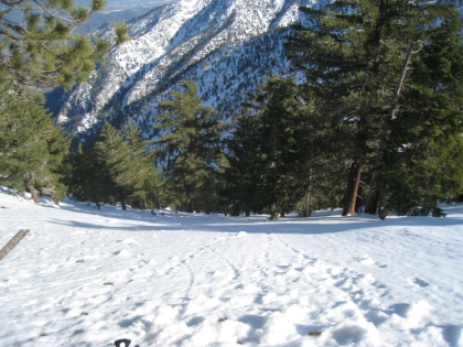 Why is it dangerous? Because often to your downhill side, you have something that looks like this. You may not be able to tell in the picture, but this is a very steep downhill. If you slip, you are going down for a long, long, long ways. This is where an accomplished mountaineer would have no worries, because they practice a technique with an ice axe called "self-arresting", which allows you to come to a stop in an out of control slide down steep terrain. But I still need a lot of practice before I trust myself to rely on that in these situations.