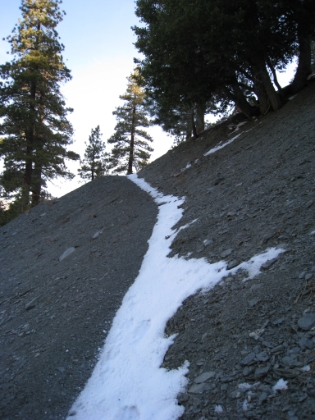 I wasn't sure how much snow there would be on the lower portions of the trail. In fact, I thought I would be making quick time until I hit the snow. Definitely not the case. While there were a few dry spots on the sunny side of the slopes, I was surprised that I was in snow for about 98% of the trip. It ranged from a few inches at the bottom to several feet of powder near the top. And even the dry spots had enough snow that my crampons rarely hit dirt on the way up.