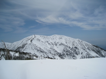 This is the peak I couldn't identify on past snow trips. Turns out this is the real Baldy summit. No wonder there is always so much snow there. It looks much closer than the other peak, which (stupidly) increases my confidence that I may summit. At about this time, I realize that my trail map has disappeared! It must have fallen out of my pocket at some point when I was reaching for my camera. I wasted a lot of time here going through my pockets and emptying my entire pack looking for it. Nothing. Fortunately I still have my GPS. It's great for looking at small areas, but it's useless for looking at larger distances. I don't feel good about continuing without a map.