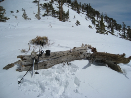 Made it to the spot where I ate lunch last time. I made it here almost a full hour faster than last time. But, it's still 1:30pm and I have a long ways to go to the summit. You can see my trekking poles and ice axe here. This time I actually took full advantage of all three ways to use the ice axe. 1.) Climbing. On the really steep slopes, there are short sections where you have zero traction even with crampons (because of the loose snow). With the ice axe, you swing it deep into the snow and then pull yourself up while your lower body basically crawls up the slope. Effective and fun. 2.) Glissading. On the way down, I was able to glissade on some sections I would have never dared try before. Using the ice axe as a brake and rudder gives you massively more control. 3.) Self arresting. Unfortunately, I really did use the ice axe for this. After a wipe out going downhill, I had that moment of panic where you look downhill and think "how bad could this get?". In this case, it would have been really bad. I managed to get the axe into the slope and slow my fall before things got ugly. My technique was horrible I'm sure, but it worked.