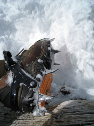 A look at my Black Diamond Contact strap crampons. These are much easier than the step-in kind, because you can use them with any type of shoe. They are stainless steel, with anti-balling plates (to keep snow from getting clogged up on the bottom). You can also see my Merrill snow boots. Waterproof, insulated, with special tread for snow/ice. The crampons performed extremely well, the boots were so-so (but at least I got a great deal on them).