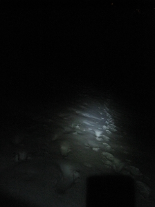 This is what my life looked like for over 3 hours. Complete pitch black with a beam of light from my headlamp. Fortunately I have backup batteries for the headlamp. But it occurs to me, how do you change batteries if you have no light? Hopefully I will be able to tell when it gets close to dying. My goal was to follow my tracks all the way down. There were also a couple other pairs of tracks towards the bottom. Unfortunately, I lost my tracks with a couple miles to go. I figured I would follow someone else's since they must all eventually get back to Wrightwood. But after a while, and after checking in with the GPS, I realized I was going to end up a long ways from my car. So, I decided to get back to the actual trail. I ended-up spending an hour wandering through dense forest, with no tracks, in complete darkness, trying to get back to the trail. Eventually I found it.