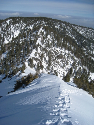 Made it to the top of Pine Mtn. You can see here what "kicking-in" looks like on a really steep incline. You have to literally kick the toe of the snowshoe as deep as you can into the snow hoping that the crampon will grab and give you enough traction to take a step. The result is almost a staircase of steps leading up the slope. It is insanely tiring, and insanely slow. Probably 1-2 mph. Keep in mind this is now at over 9600' elevation.