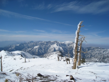 A view from my lunch spot with Mt. Baldy in the distance. Beats sitting inside a McDonalds. This is normally a very windy peak, you can see how the snow is almost blown away in places. But today the winds are fortunately quite calm.
