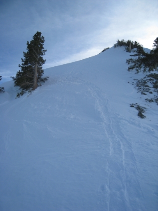 My third, and worst, butt skiing incident of the day. Here is the look up the hill from the point at which I finally stopped. This one was close to being very, very bad.