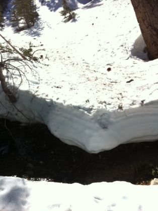 The creek cutting through the snow.