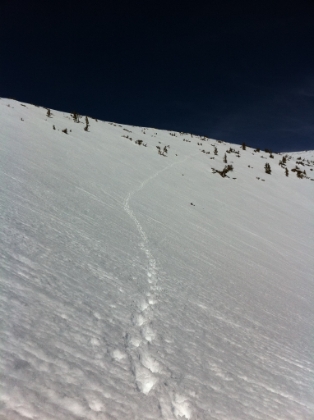 A look at part of my traverse. This is actually taken later in the day on the way back, so there were no tracks the first time across it. Like usual, the picture doesn't do justics to the grade of this slope. It's definitely a double black diamond ski slope, and there's nothing downhill for a long, long ways. If you slip, you're going for the ride of your life, and probably the last ride of your life.