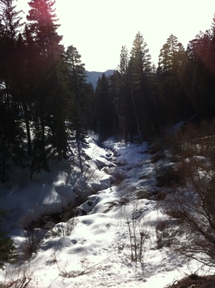 VIvian Creek winding through the snow as the sun is getting low.