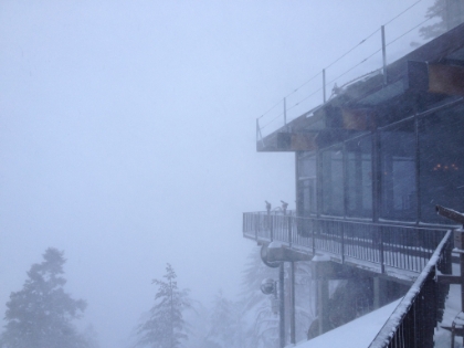 The view from the lodge balcony. Definitely not the normal clear view of Palm Springs. After eating a huge dinner in the lodge, I headed back down the tram with another snow day successfully completed.